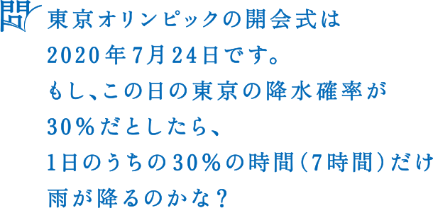 問 東京オリンピックの開会式は2020年7月24日です。もし、この日の東京の降水確率が30%だとしたら、1日のうちの30%の時間（7時間）だけ雨が降るのかな？