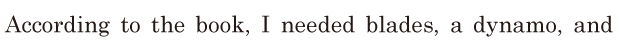 According to the book, / I needed <span class='nw'>blades</span>, / a <span class='nw'>dynamo</span>, / and 