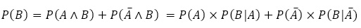 P(B)=P(A∧B)+P(A ̅∧∧B)  =P(A)×P(B│A)+P(A ̅ )×P(B┤| A ̅)
