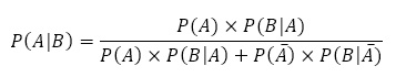 P(A│B)=(P(A)×P(B│A))/(P(A)×P(B│A)+P(A ̅ )×P(B┤| A ̅))