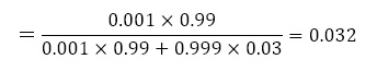 ＝(0.001×0.99)/(0.001×0.99+0.999×0.03)=0.032