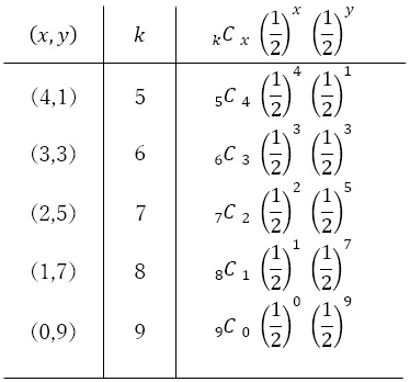 (x,y)	k	(_k^ )C  _x^   (1/2)^x  (1/2)^y
        （4,1）
        （3,3）
        （2,5）
        （1,7）
        （0,9）	5
        6
        7
        8
        9	(_5^ )C  _4  (1/2)^4  (1/2)^1
        (_6^ )C  _3  (1/2)^3  (1/2)^3
        (_7^ )C  _2  (1/2)^2  (1/2)^5
        (_8^ )C  _1  (1/2)^1  (1/2)^7
        (_9^ )C  _0  (1/2)^0  (1/2)^9
        