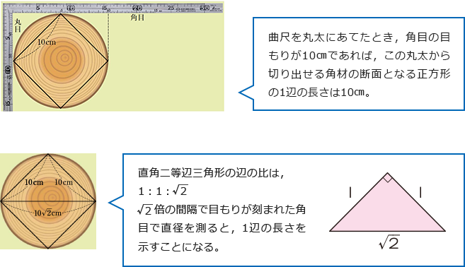 曲尺を丸太にあてたとき，角目の目もりが10㎝であれば，この丸太から切り出せる角材の断面となる正方形の1辺の長さは10㎝。　直角二等辺三角形の辺の比は，1：1：√2　√2倍の間隔で目もりが刻まれた角目で直径を測ると，1辺の長さを示すことになる。