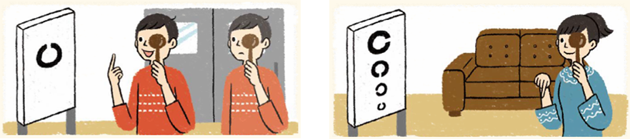 ランドルト環の大きさは変えずに，xm離れた位置から見て，すき間が判別できたときの視力をyとすると，距離と視力には，y＝1／5xという比例の関係があります。