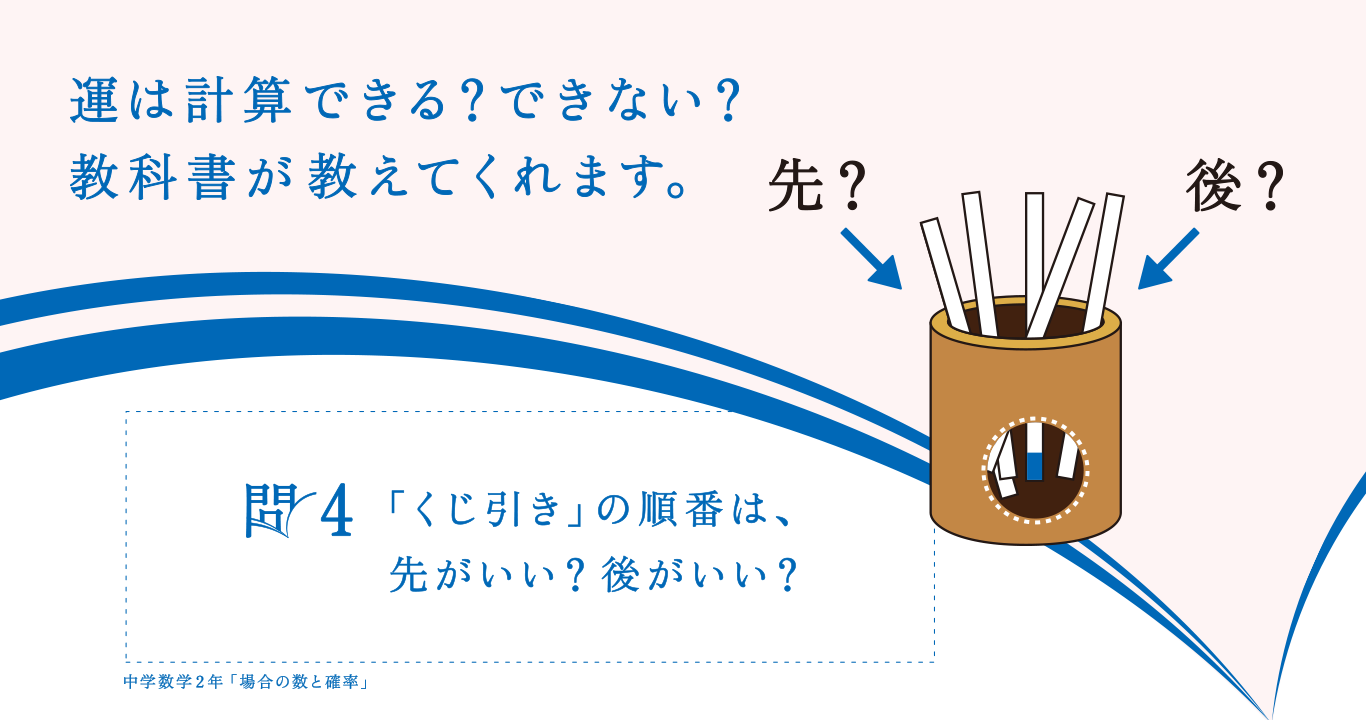 運は計算できる？できない？教科書が教えてくれます。 問4 「くじ引き」の順番は、先がいい？後がいい？ 中学2年「場合の数と確率」