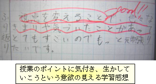 授業のポイントに気付き，生かしていこうという意欲の見える学習感想
