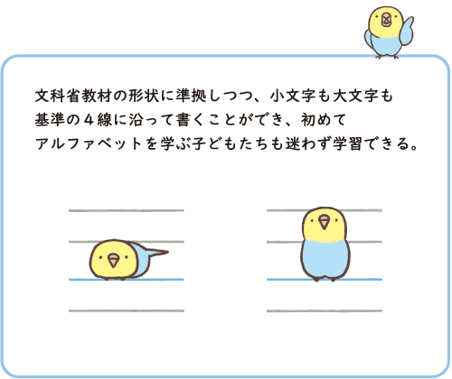 文科省教材の形状に準拠しつつ、小文字も大文字も基準の4線に沿って書くことができ、初めてアルファベットを学ぶ子どもたちも迷わず学習できる。