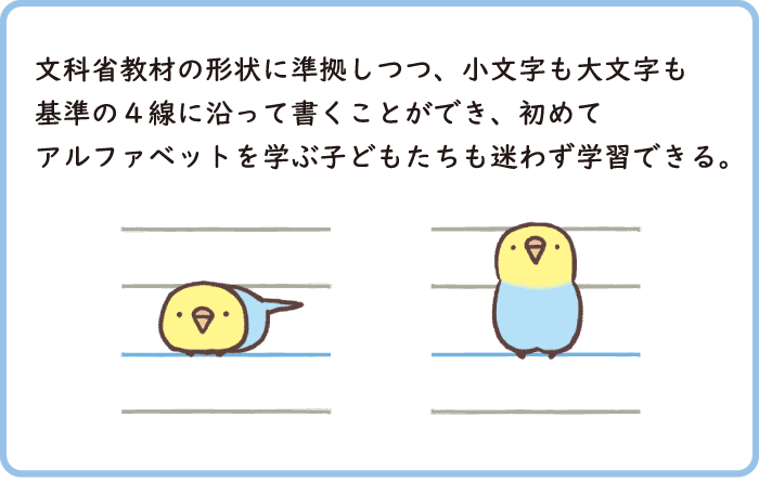 文科省教材の形状に準拠しつつ、小文字も大文字も基準の4線に沿って書くことができ、初めてアルファベットを学ぶ子どもたちも迷わず学習できる。