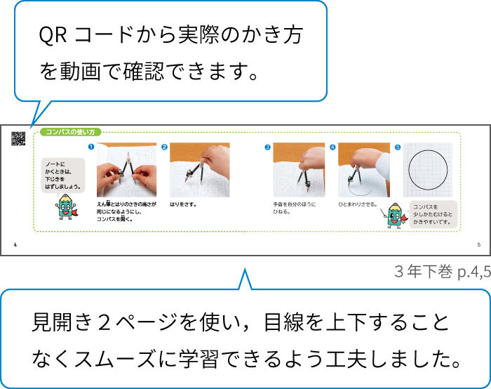 QRコードから実際のかき方を動画で確認できます。 見開き２ページを使い，目線を上下することなくスムーズに学習できるよう工夫しました。