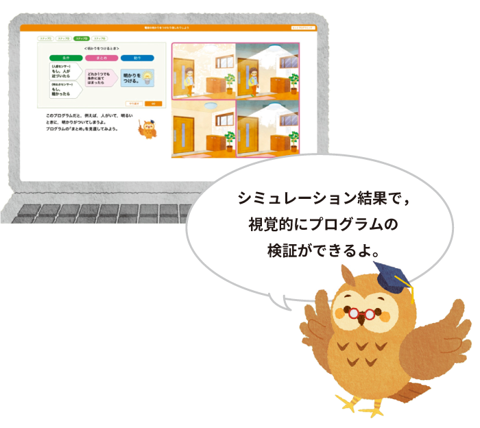 イメージ画像：シミュレーション結果で，視覚的にプログラムの検証ができるよ。