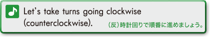 Let's take turns going clockwise(counterclockwise).　（反）時計回りで順番に進めましょう。
