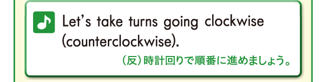 Let's take turns going clockwise(counterclockwise) (反)時計回りで順番に進めましょう。