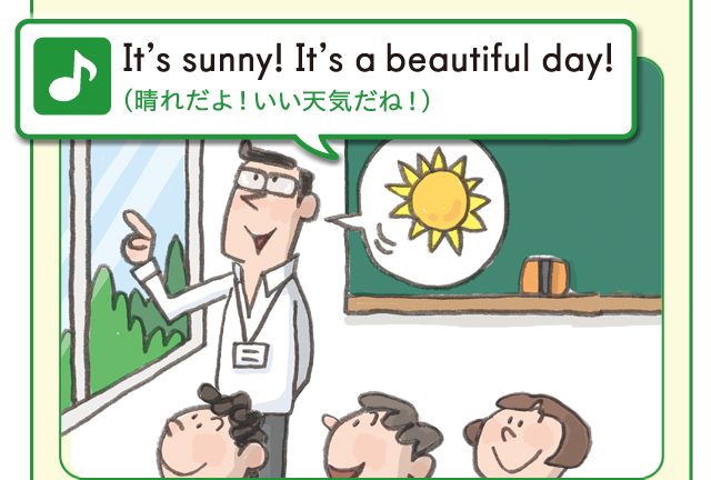 It's sunny! It7s a beautiful day!　（晴れだよ！いい天気だね！）